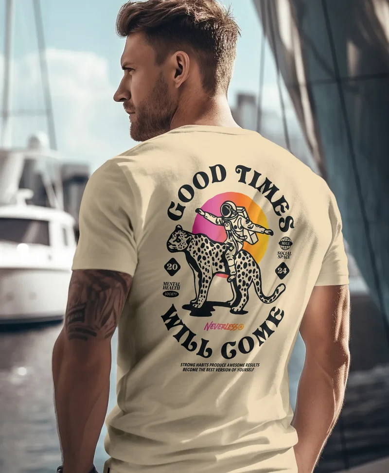 Herren T-Shirt Backprint Rücken-Aufdruck Brustlogo Space Tiger Good Times Fashion Streetstyle