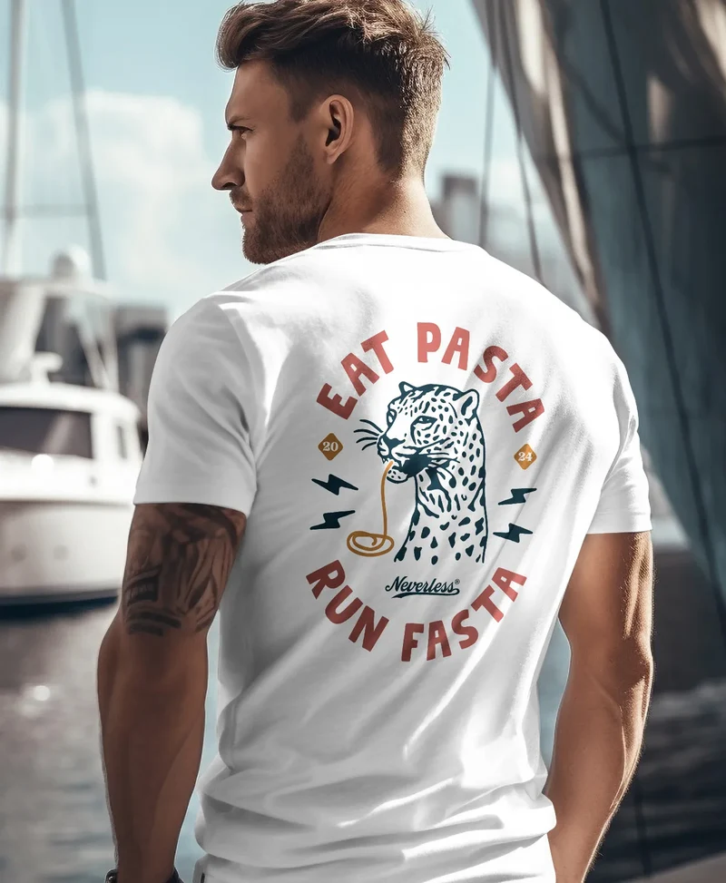 Herren T-Shirt Backprint Aufdruck Schrift Eat Pasta Brustlogo Retro Fashion Streetstyle