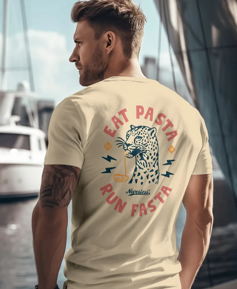 Herren T-Shirt Backprint Aufdruck Schrift Eat Pasta Brustlogo Retro Fashion Streetstyle