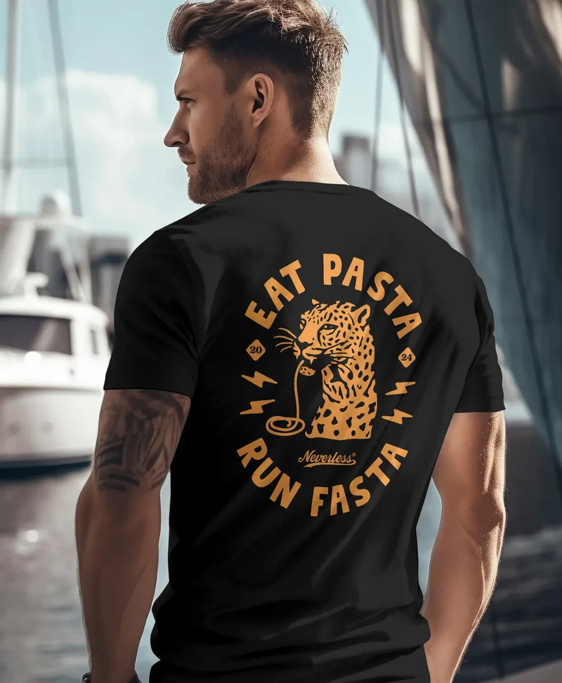Herren T-Shirt Backprint Aufdruck Schrift Eat Pasta Brustlogo Retro Fashion Streetstyle