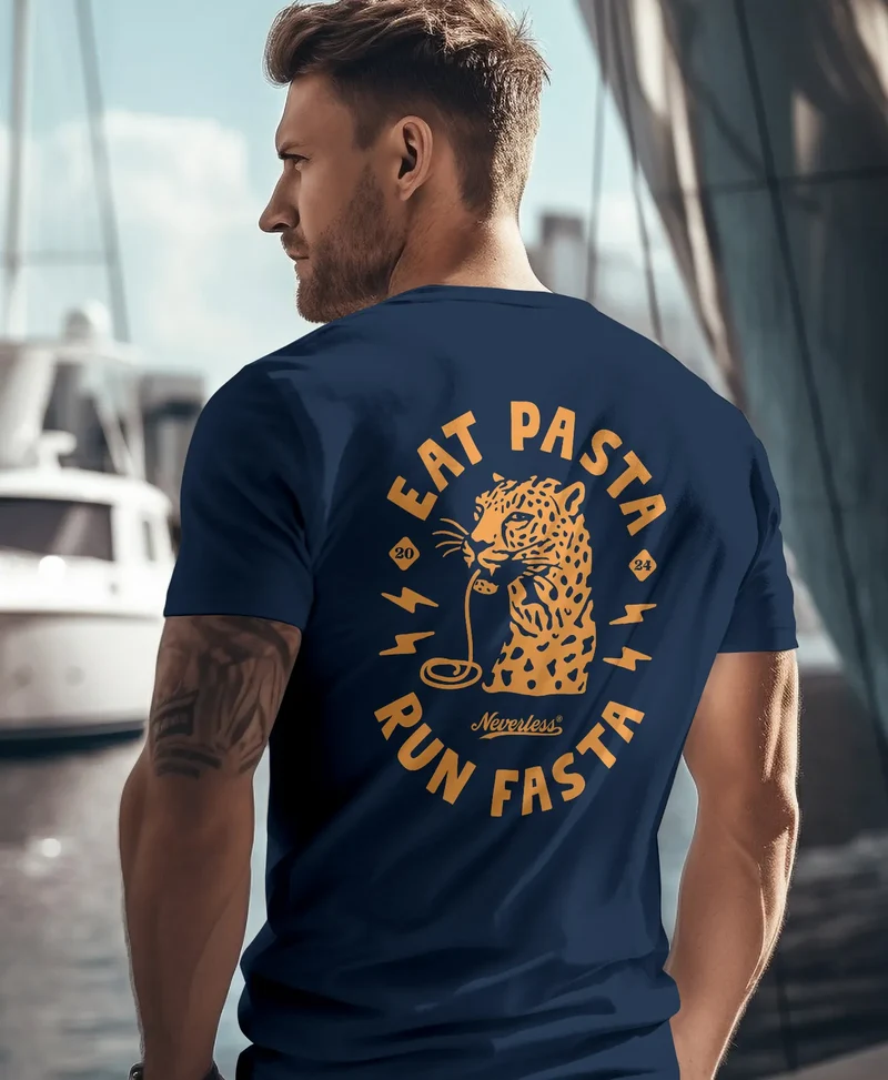 Herren T-Shirt Backprint Aufdruck Schrift Eat Pasta Brustlogo Retro Fashion Streetstyle
