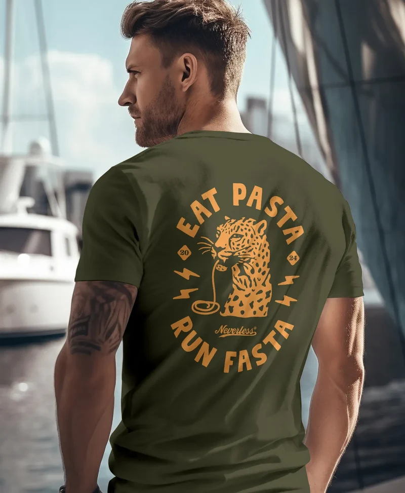 Herren T-Shirt Backprint Aufdruck Schrift Eat Pasta Brustlogo Retro Fashion Streetstyle