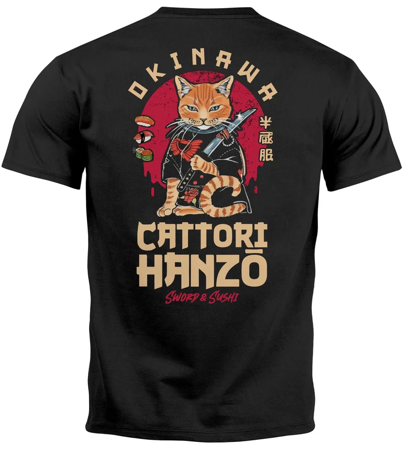 Herren T-Shirt Rückendruck Brustlogo Cattori Hanzo Japan Style Sushi Katze Backprint Fashion Streetstyle
