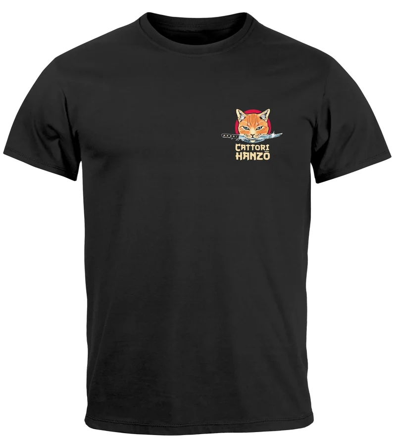 Herren T-Shirt Rückendruck Brustlogo Cattori Hanzo Japan Style Sushi Katze Backprint Fashion Streetstyle