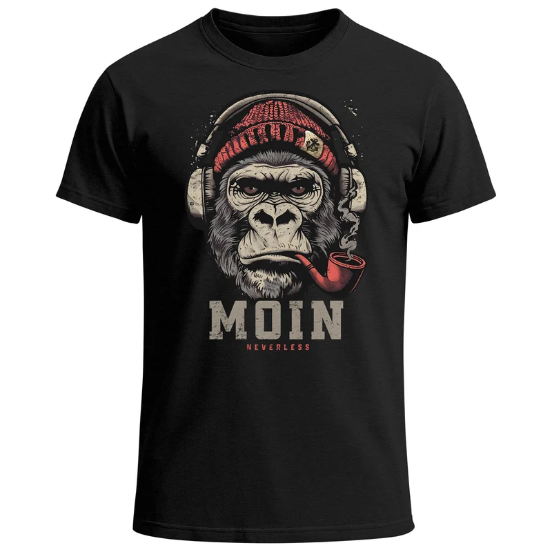 Herren T-Shirt Moin Schriftzug Gorilla Möwe Musik Aufdruck Brustprint Printshirt Fashion Streetstyle