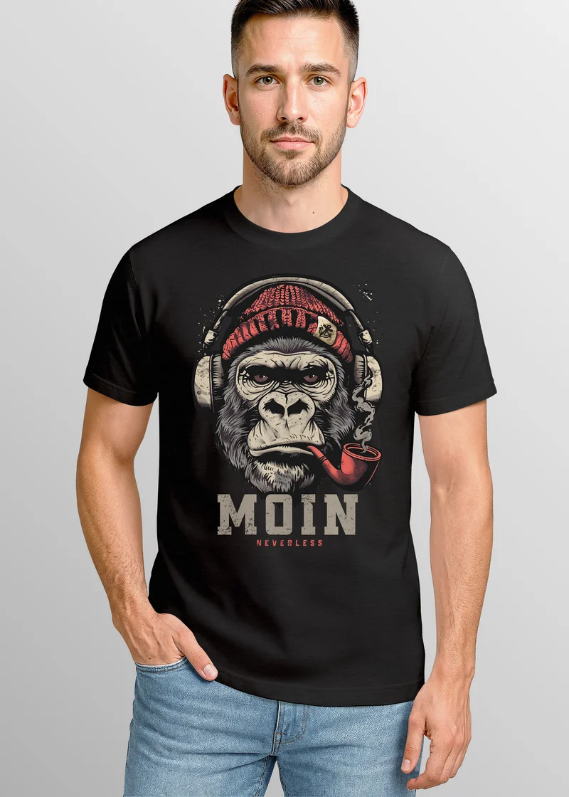 Herren T-Shirt Moin Schriftzug Gorilla Möwe Musik Aufdruck Brustprint Printshirt Fashion Streetstyle