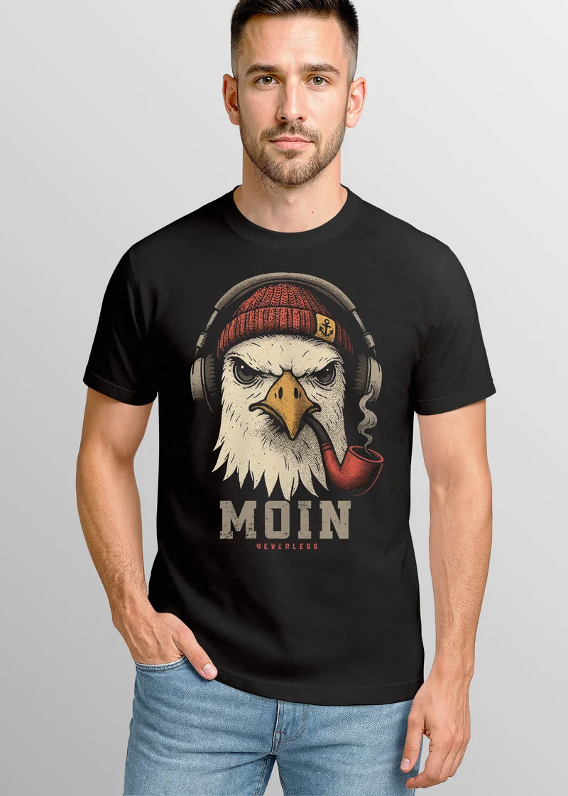 Herren T-Shirt Moin Schriftzug Gorilla Möwe Musik Aufdruck Brustprint Printshirt Fashion Streetstyle