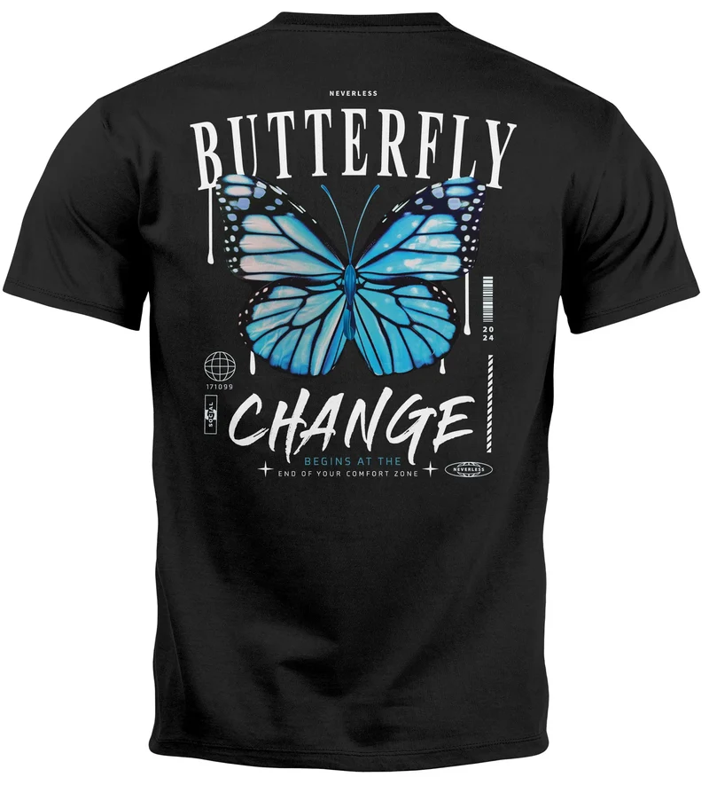 Herren T-Shirt Backprint Schmetterling Butterfly Grafik Printshirt Brustlogo Fashion Streetstyle