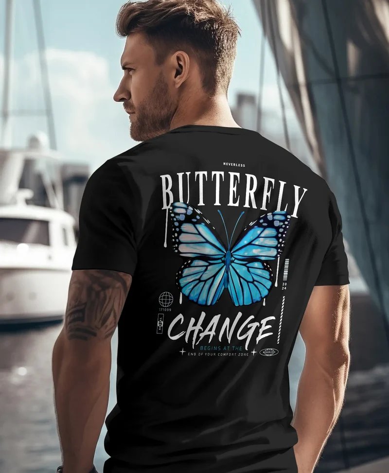 Herren T-Shirt Backprint Schmetterling Butterfly Grafik Printshirt Brustlogo Fashion Streetstyle