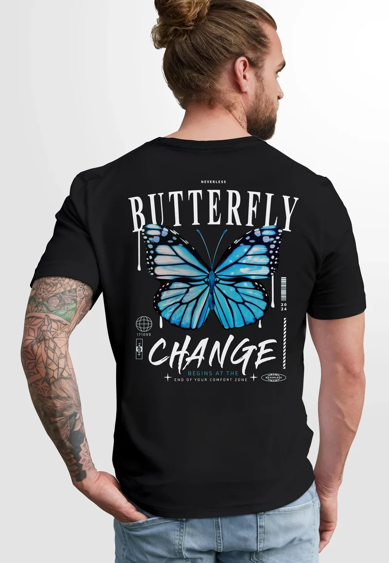 Herren T-Shirt Backprint Schmetterling Butterfly Grafik Printshirt Brustlogo Fashion Streetstyle