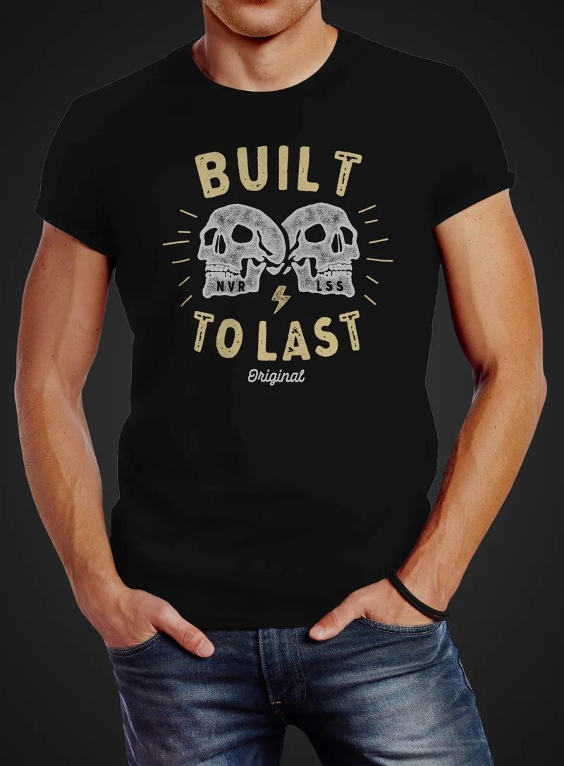 Herren T-Shirt Totenkopf Print Built to last Schriftzug Rocker Biker Racing Design Slim Fit