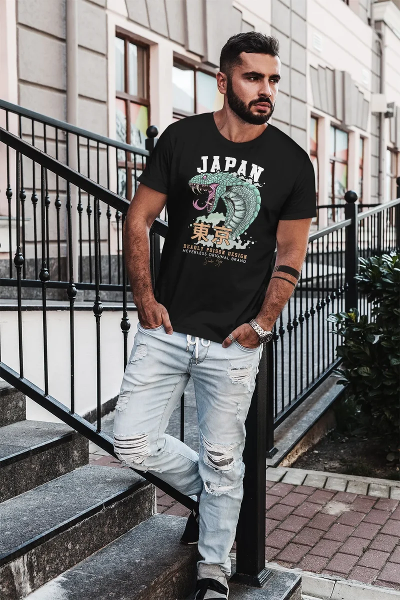 Herren T-Shirt Japan Kobra Motiv japanische Schriftzeichen Schriftzug Deadly Poison Design Fashion Streetstyle