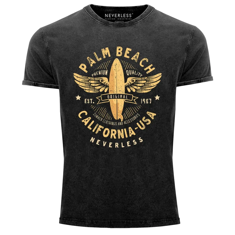 Herren T-Shirt Vintage Shirt Printshirt Surfing Motiv Vintage Effekt Palm Beach California USA Schriftzug Aufdruck Used Look Slim Fit