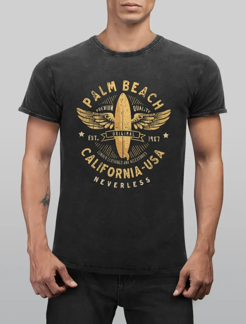 Herren T-Shirt Vintage Shirt Printshirt Surfing Motiv Vintage Effekt Palm Beach California USA Schriftzug Aufdruck Used Look Slim Fit