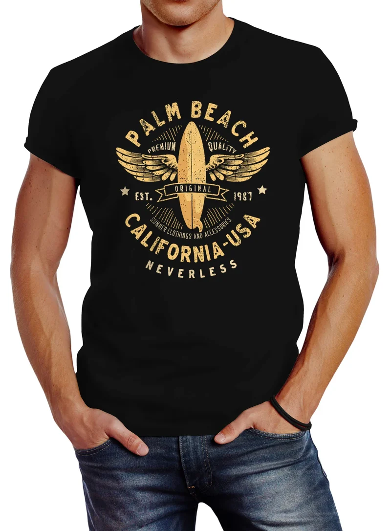 Herren T-Shirt Surfing Motiv Vintage Effekt Palm Beach California USA Schriftzug Fashion Streetstyle