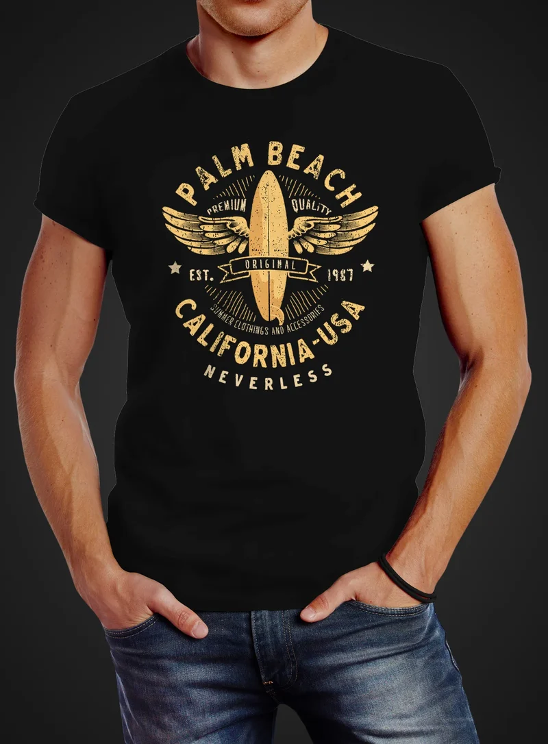 Herren T-Shirt Surfing Motiv Vintage Effekt Palm Beach California USA Schriftzug Fashion Streetstyle