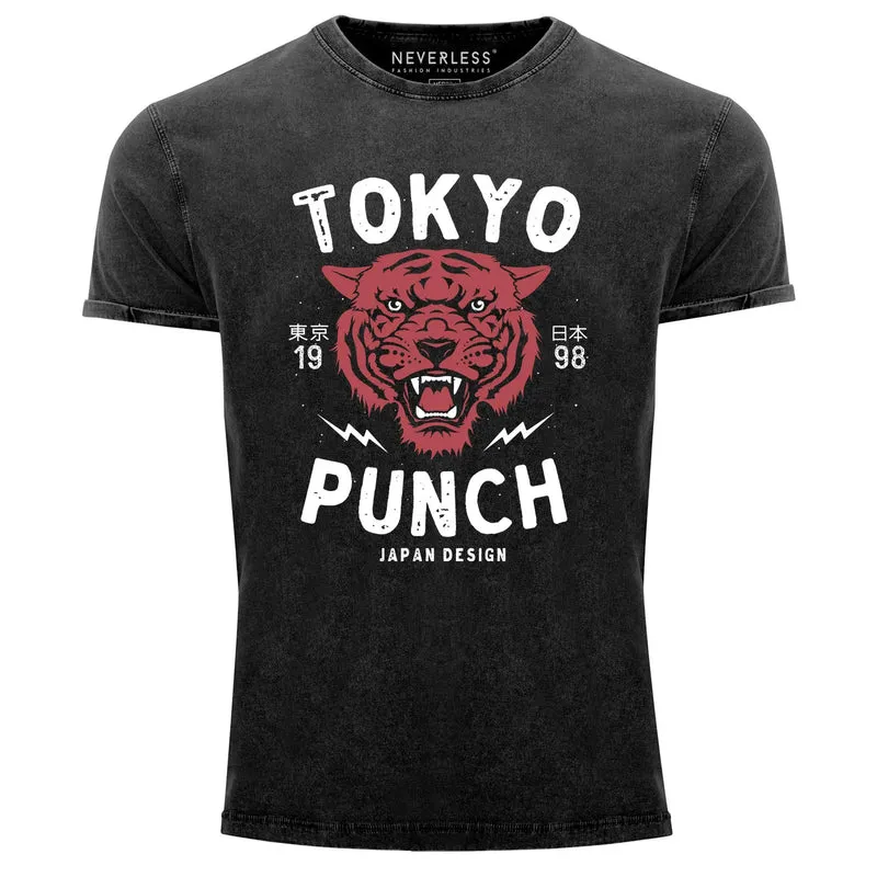 Herren T-Shirt Vintage Shirt Printshirt Tigerkopf Print Vintage Style Japan Design Tokio Punch Schriftzug Fashion Streetstyle Aufdruck Used Look