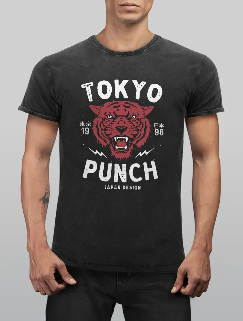 Herren T-Shirt Vintage Shirt Printshirt Tigerkopf Print Vintage Style Japan Design Tokio Punch Schriftzug Fashion Streetstyle Aufdruck Used Look