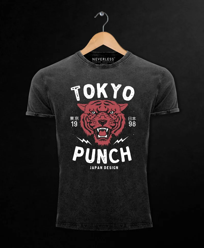 Herren T-Shirt Vintage Shirt Printshirt Tigerkopf Print Vintage Style Japan Design Tokio Punch Schriftzug Fashion Streetstyle Aufdruck Used Look