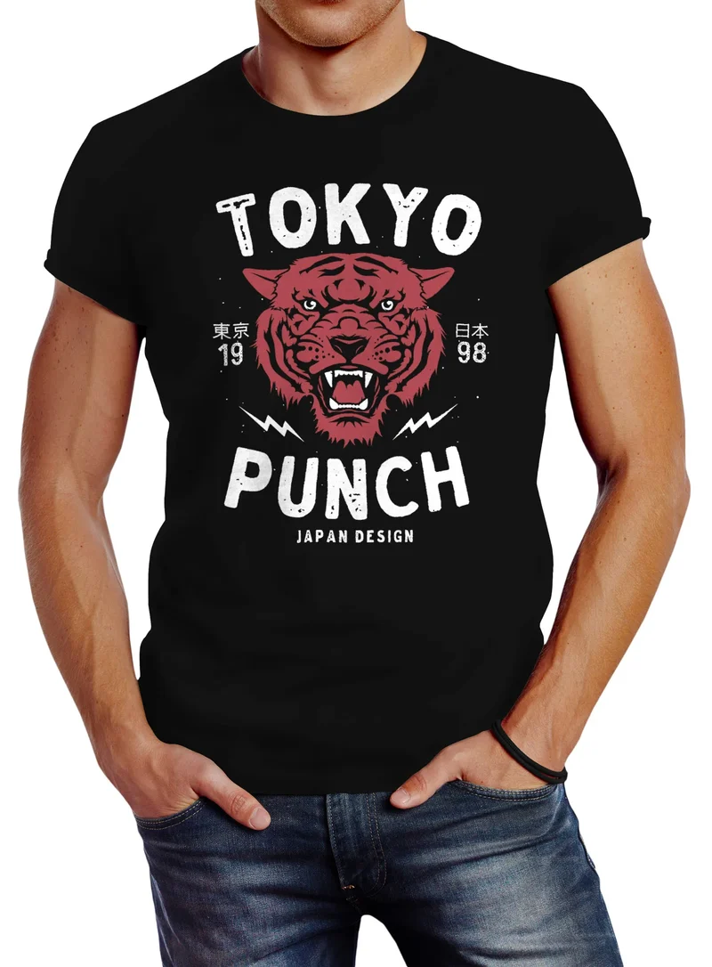 Herren T-Shirt Tigerkopf Print Vintage Style Japan Design Tokio Punch Schriftzug Fashion Streetstyle Slim Fit