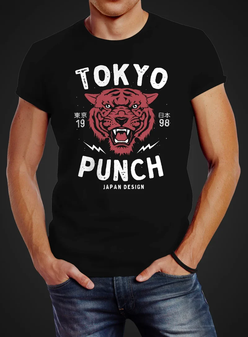 Herren T-Shirt Tigerkopf Print Vintage Style Japan Design Tokio Punch Schriftzug Fashion Streetstyle Slim Fit