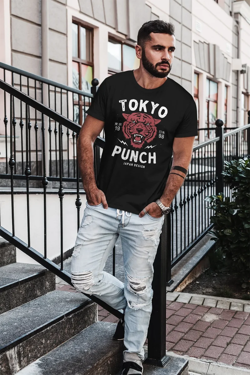 Herren T-Shirt Tigerkopf Print Vintage Style Japan Design Tokio Punch Schriftzug Fashion Streetstyle Slim Fit