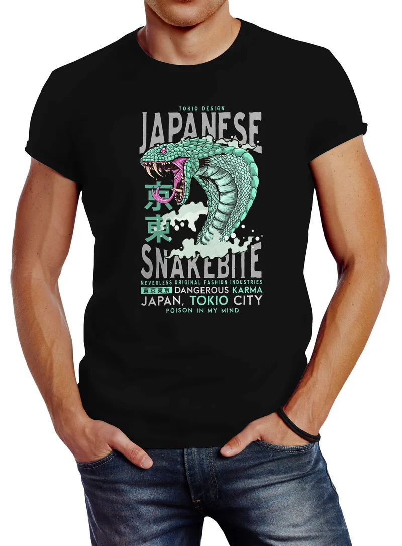 Herren T-Shirt Japanese Snakebite Kobra shirt Cobra Motiv-Print Tattoo Graffiti Style Slim Fit