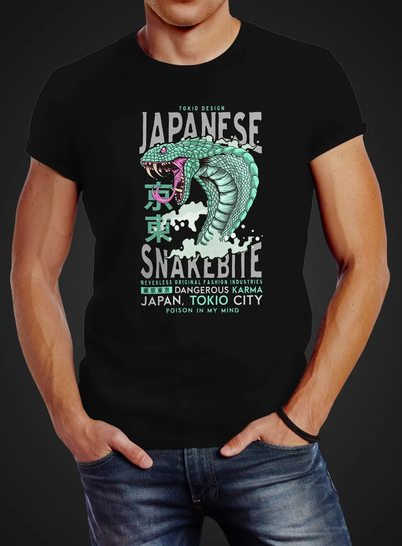Herren T-Shirt Japanese Snakebite Kobra shirt Cobra Motiv-Print Tattoo Graffiti Style Slim Fit