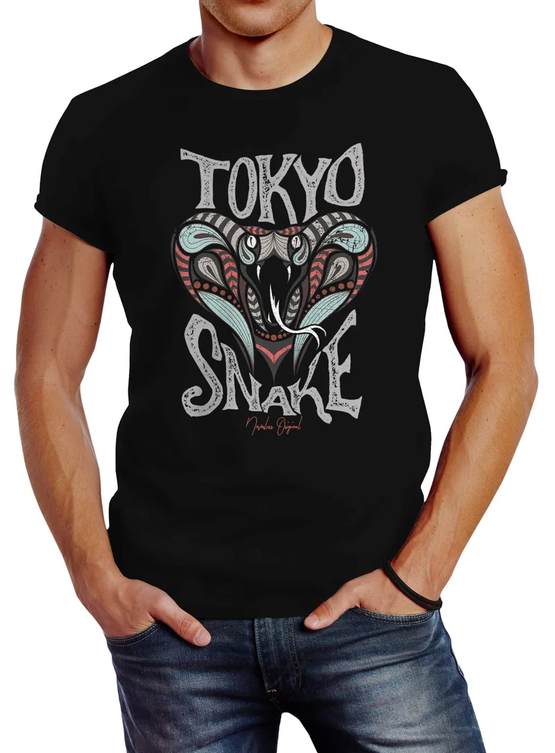 Herren T-Shirt Japan Kobra Aufdruck Tokyo Snake Schriftzug Vintage Print Fashion Streetstyle