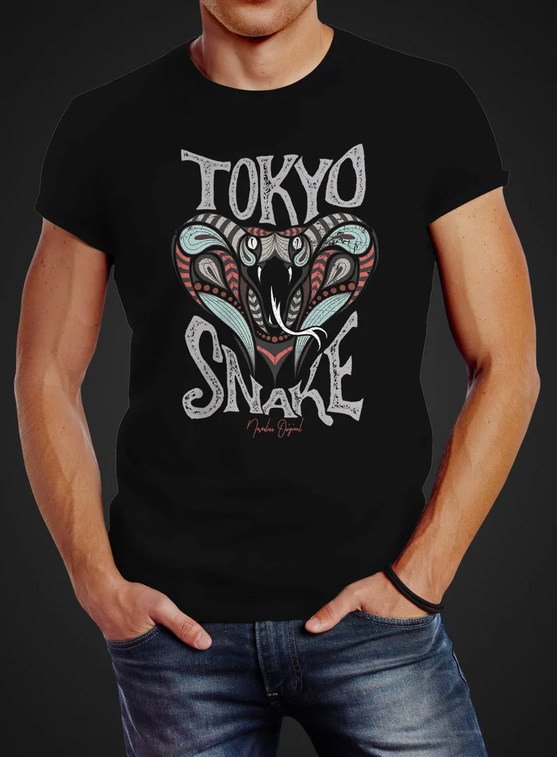 Herren T-Shirt Japan Kobra Aufdruck Tokyo Snake Schriftzug Vintage Print Fashion Streetstyle