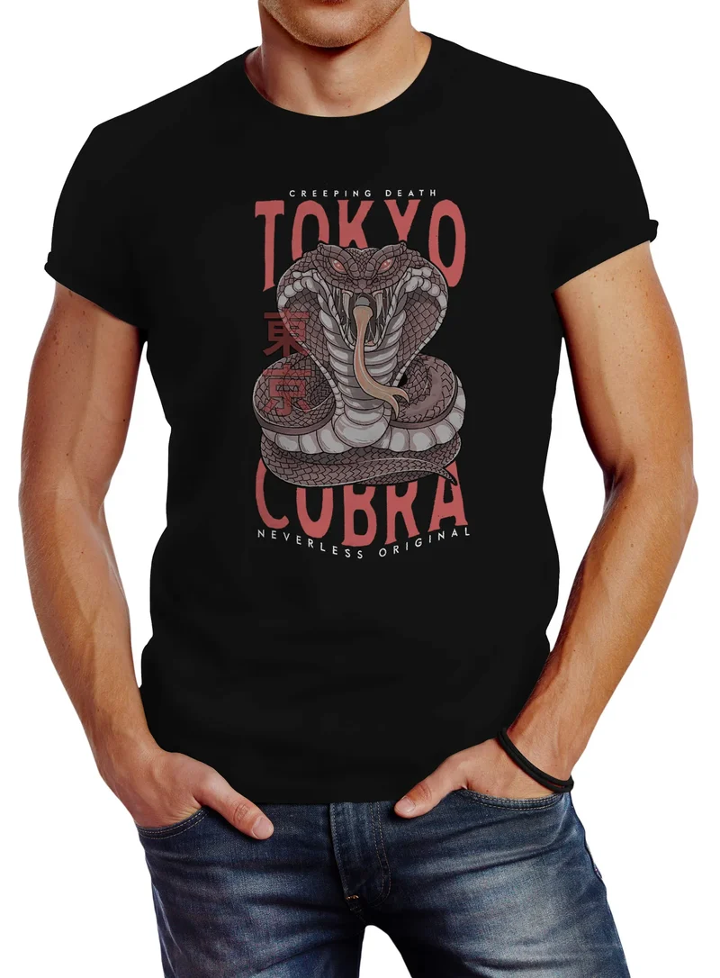 Herren T-Shirt Japan Kobra Print Motiv Tokyo Schrift Fashion Streetstyle