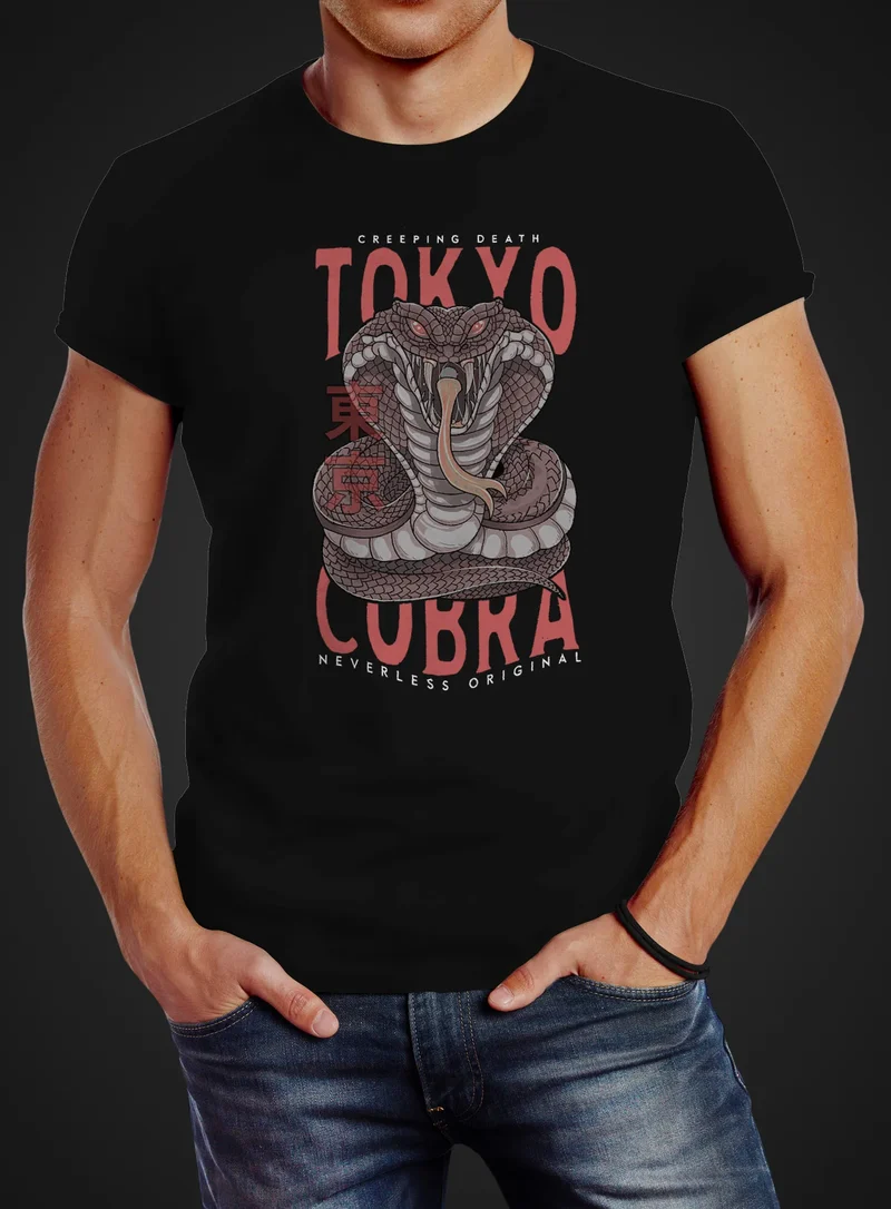 Herren T-Shirt Japan Kobra Print Motiv Tokyo Schrift Fashion Streetstyle