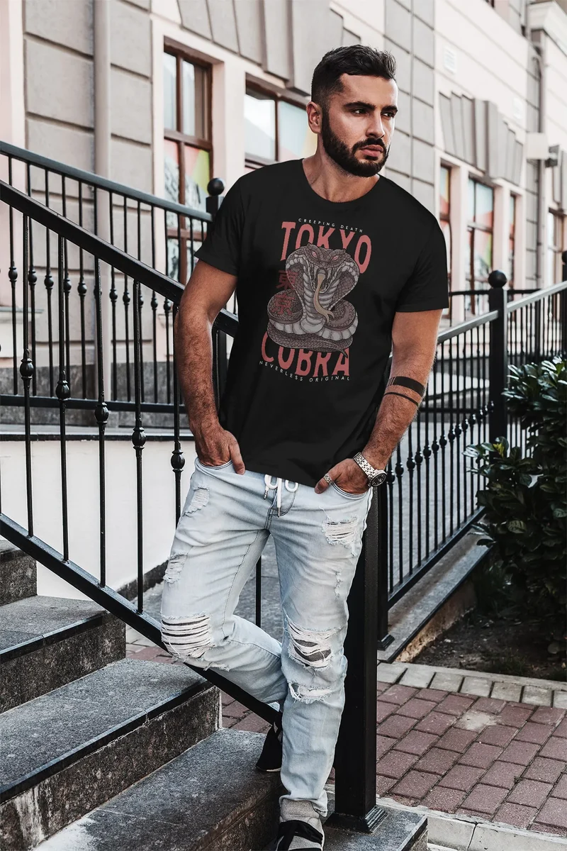 Herren T-Shirt Japan Kobra Print Motiv Tokyo Schrift Fashion Streetstyle