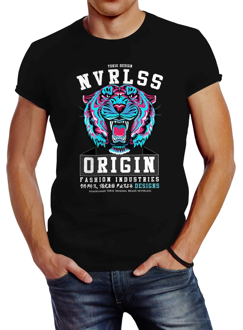 Herren T-Shirt Japan Tigerkopf Print Tokio Origin Schriftzug Fashion Streetstyle