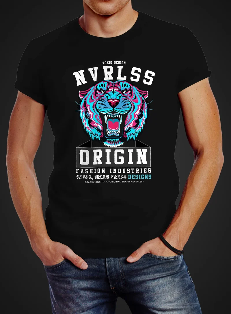 Herren T-Shirt Japan Tigerkopf Print Tokio Origin Schriftzug Fashion Streetstyle