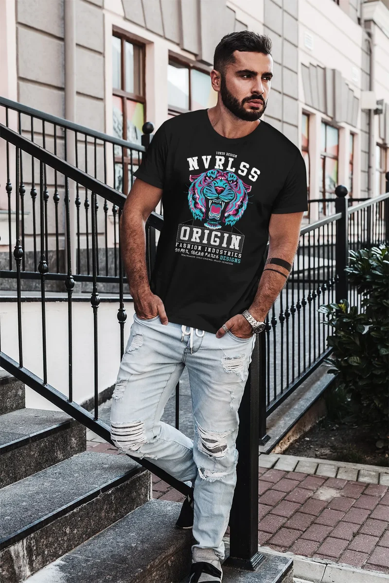 Herren T-Shirt Japan Tigerkopf Print Tokio Origin Schriftzug Fashion Streetstyle