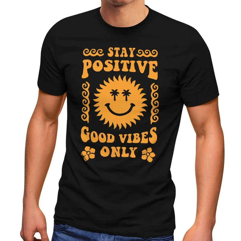 Herren T-Shirt Statement Spruch Stay Positive Good Vibes Only Sonne Smile Sommer Fashion Streetstyle