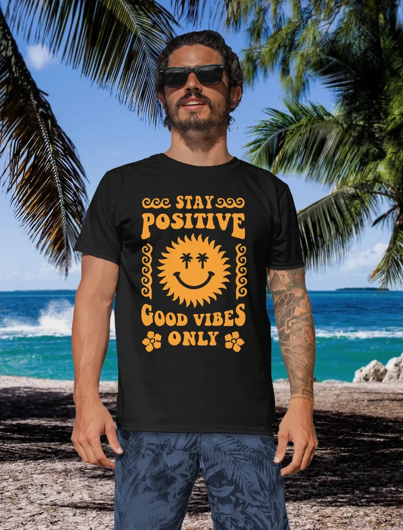 Herren T-Shirt Statement Spruch Stay Positive Good Vibes Only Sonne Smile Sommer Fashion Streetstyle