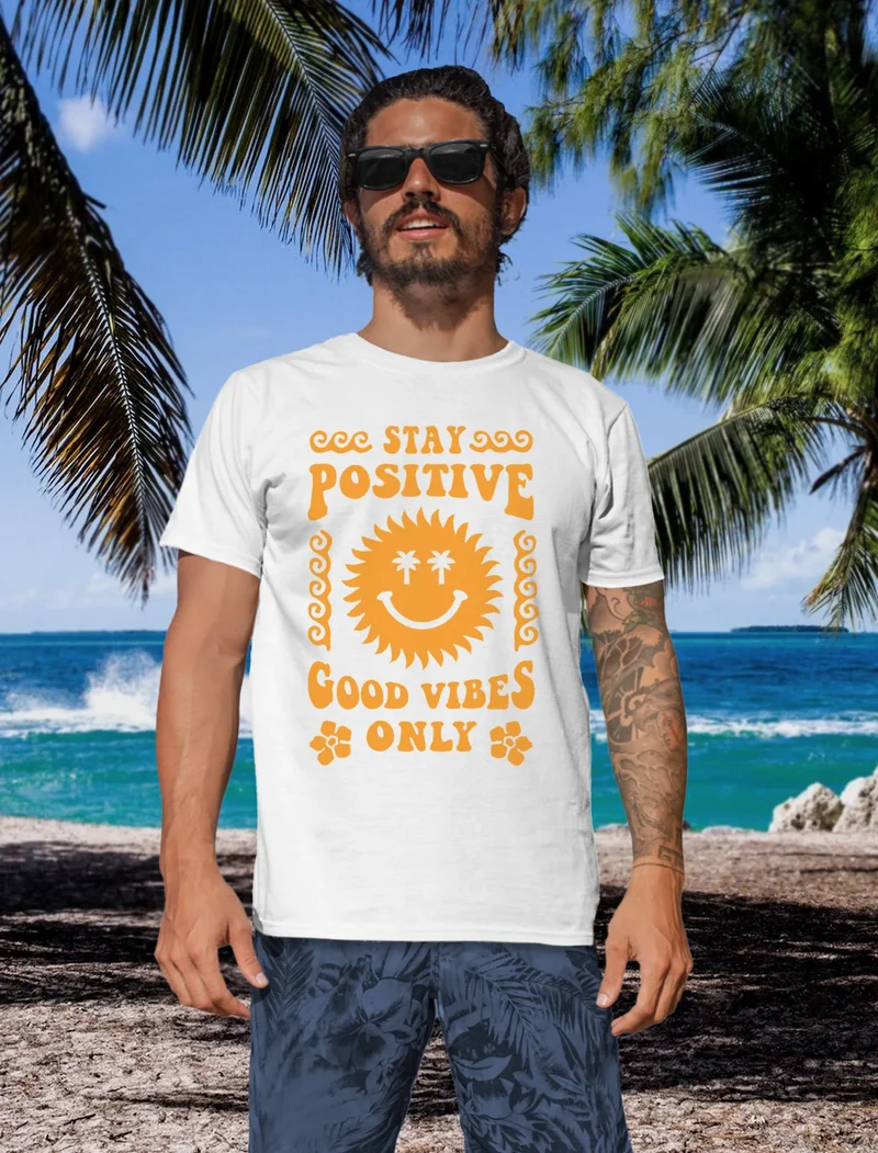 Herren T-Shirt Statement Spruch Stay Positive Good Vibes Only Sonne Smile Sommer Fashion Streetstyle