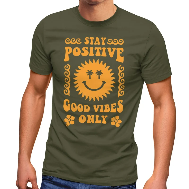 Herren T-Shirt Statement Spruch Stay Positive Good Vibes Only Sonne Smile Sommer Fashion Streetstyle