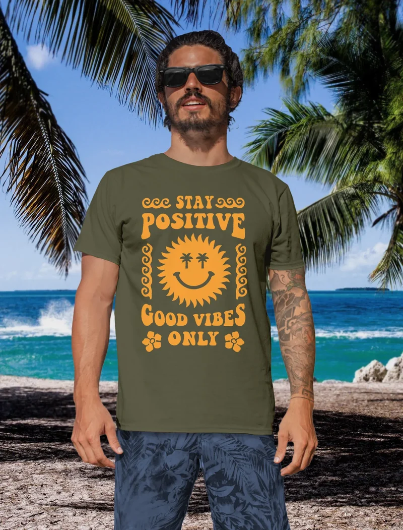 Herren T-Shirt Statement Spruch Stay Positive Good Vibes Only Sonne Smile Sommer Fashion Streetstyle