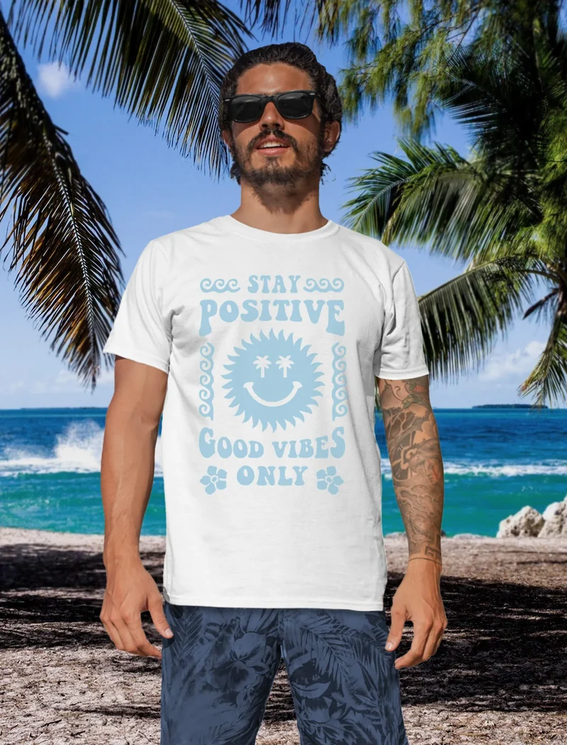 Herren T-Shirt Statement Spruch Stay Positive Good Vibes Only Sonne Smile Sommer Fashion Streetstyle