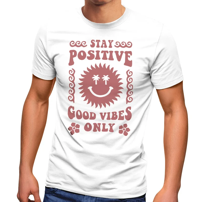 Herren T-Shirt Statement Spruch Stay Positive Good Vibes Only Sonne Smile Sommer Fashion Streetstyle