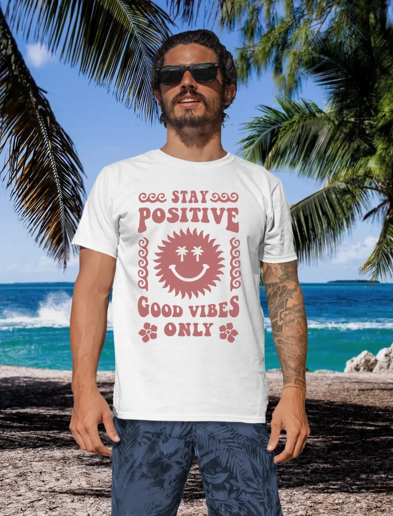 Herren T-Shirt Statement Spruch Stay Positive Good Vibes Only Sonne Smile Sommer Fashion Streetstyle