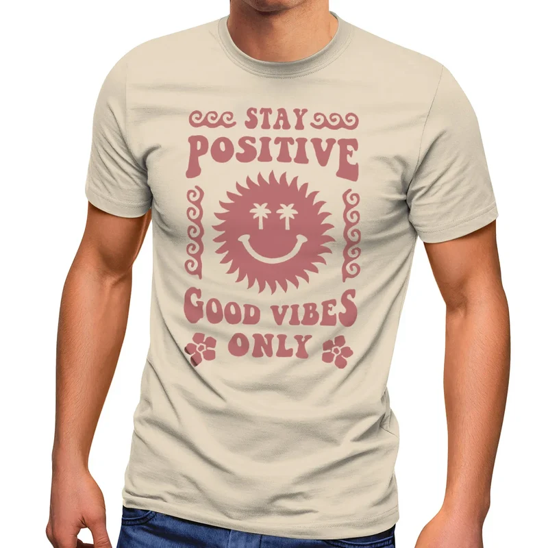 Herren T-Shirt Statement Spruch Stay Positive Good Vibes Only Sonne Smile Sommer Fashion Streetstyle
