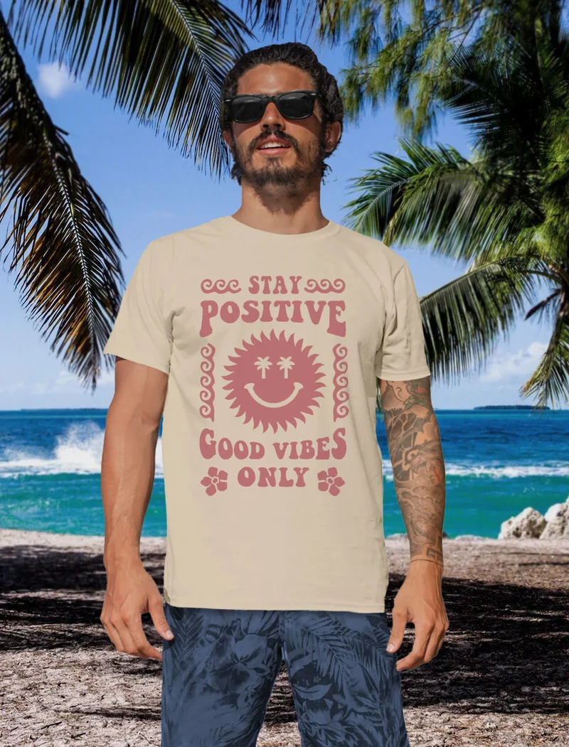 Herren T-Shirt Statement Spruch Stay Positive Good Vibes Only Sonne Smile Sommer Fashion Streetstyle