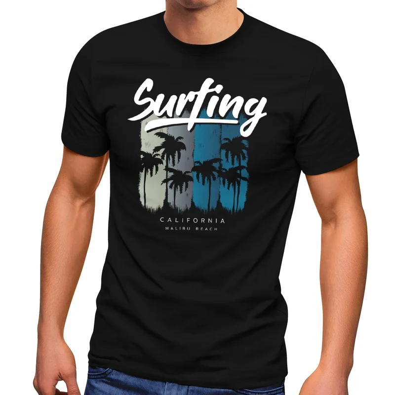 Herren T-Shirt Surfing California Malibu Beach Sommer Strand Palmen Print Aufdruck Fashion Streetstyle