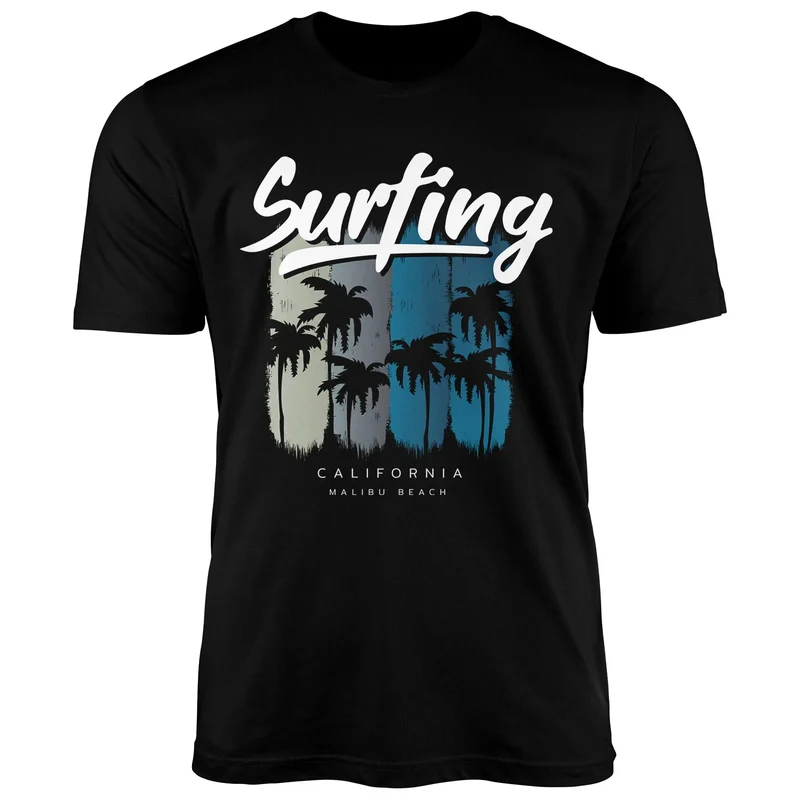 Herren T-Shirt Surfing California Malibu Beach Sommer Strand Palmen Print Aufdruck Fashion Streetstyle