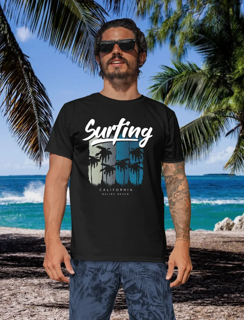 Herren T-Shirt Surfing California Malibu Beach Sommer Strand Palmen Print Aufdruck Fashion Streetstyle