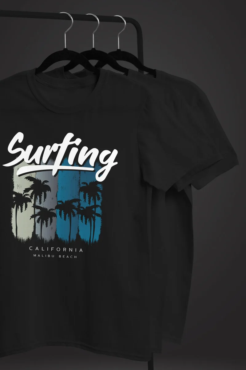 Herren T-Shirt Surfing California Malibu Beach Sommer Strand Palmen Print Aufdruck Fashion Streetstyle